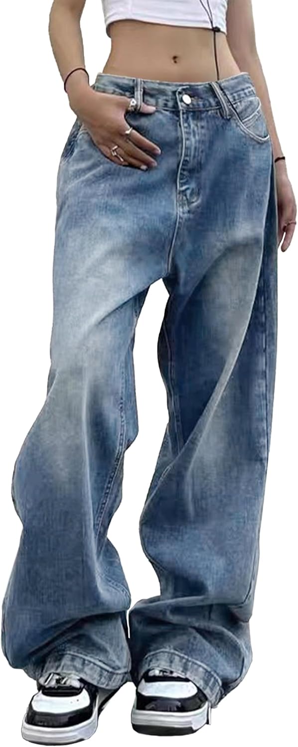 EMMIOL Women Wide Leg Jeans Mid Waist Baggy Loose Boyfriends Jeans Y2K 90s Denim Pants