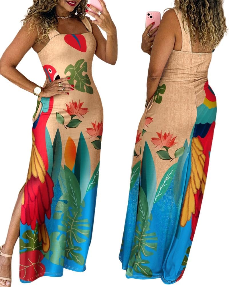 CHICME Women’s Summer Maxi Dress Casual Thick Strap Square Neck Boho Sundress Split Vacation Dresses with Pockets