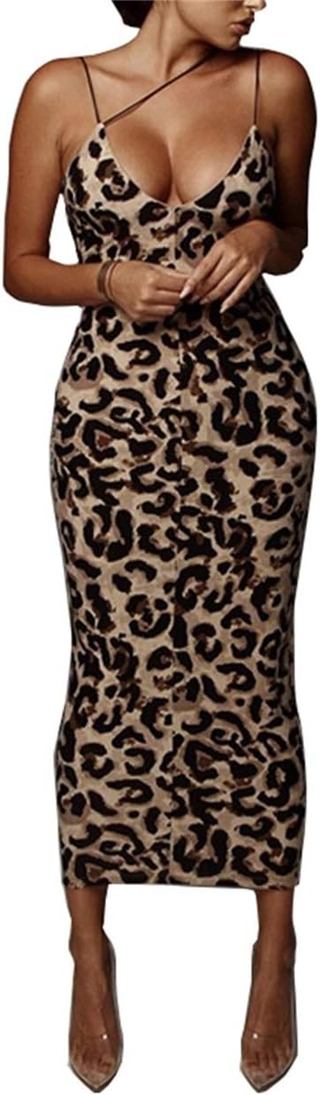 PRIMODA Women’s Sexy Neon Asymmetrical Spaghetti Strap Dress Deep V-Neck Sleeveless Bodycon Midi Club Dress