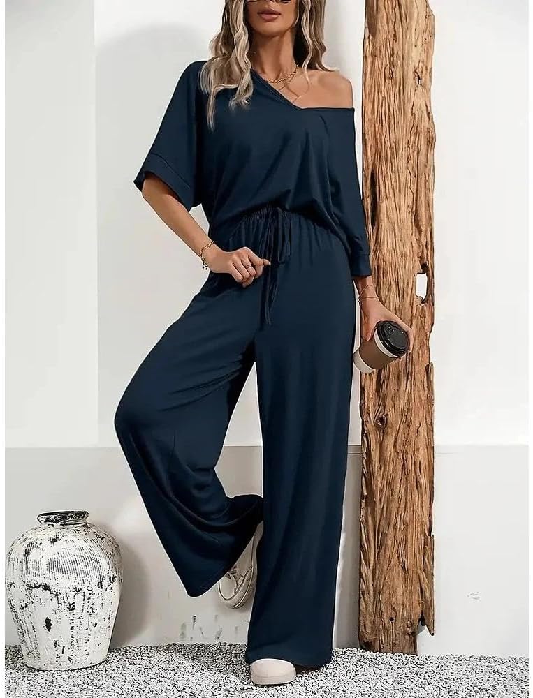 2-Piece Women Loungewear Set, Stylish Comfortable Homewear Set, V-neck Short Sleeve and Pants for Casual Wear Relaxation