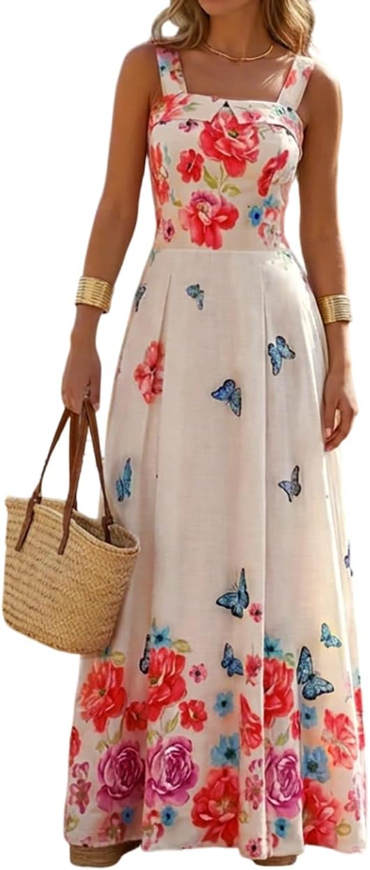 CHICME Women’s Floral Long Maxi Dress Quare Neck Strap Flowy Boho Summer Beach Sundress Dress 2026