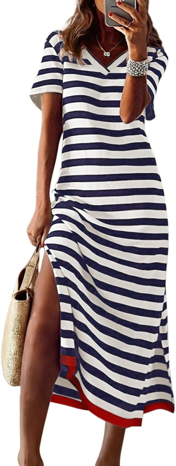 Dokotoo Womens Summer Casual Trendy 2026 Short Sleeve Maxi Dress Striped Split Vacation Color Block T Shirt Dress