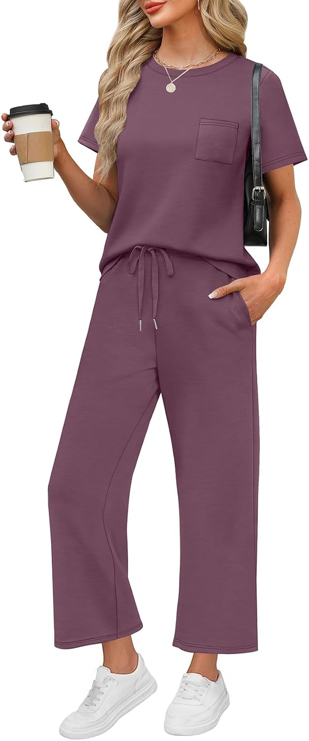 WIHOLL 2 Piece Sets for Women Casual Summer Travel Vacation Outfits Short Sleeve Wide Leg Crop Pants Lounge Sets