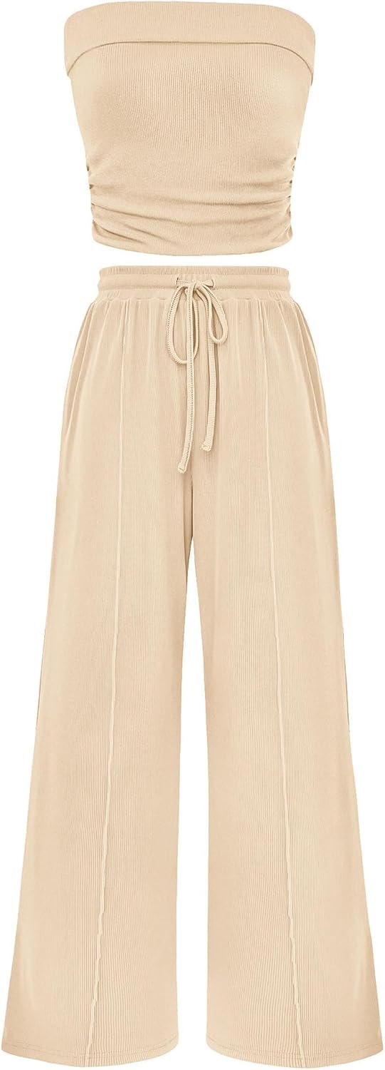 PRETTYGARDEN Womens Summer Outfits 2 Piece Sets Casual Ribbed Knit Crop Tube Top Wide Leg Pants Spring Matching Lounge Set