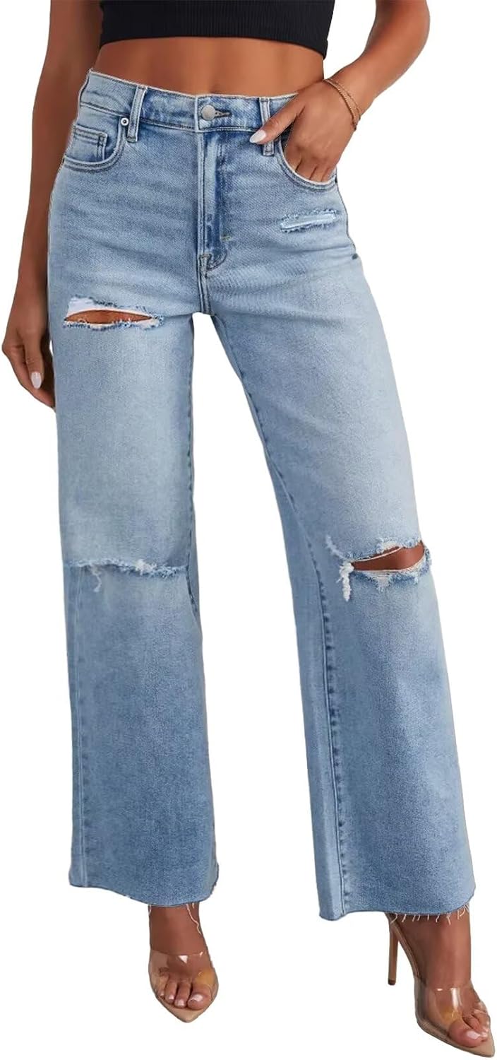 Allimy Women’s High Waisted Straight Ankle Wide Leg Ripped Jeans Frayed Hem Stretchy Capri Denim Pants