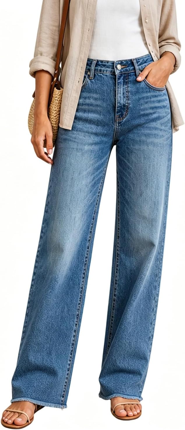 Womens High Waisted Jeans Stretchy Straight Leg Loose Fit Tummy Control Raw Hem Denim Pants Trendy Fashion