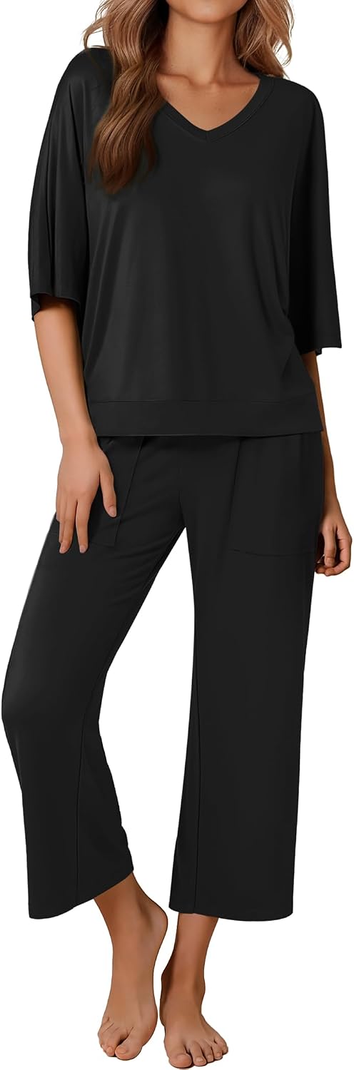 Ekouaer Womens Pajama Sets Lounge Sets for Women Two Piece Outfits Short Sleeve Tops and Wide Leg Pants with Large Pockets Black