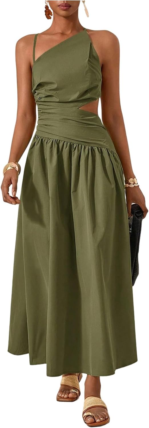 Milumia Women’s Cut Out Tie Backless Maxi Dress Asymmetrical Neck Ruffle A Line Dresses