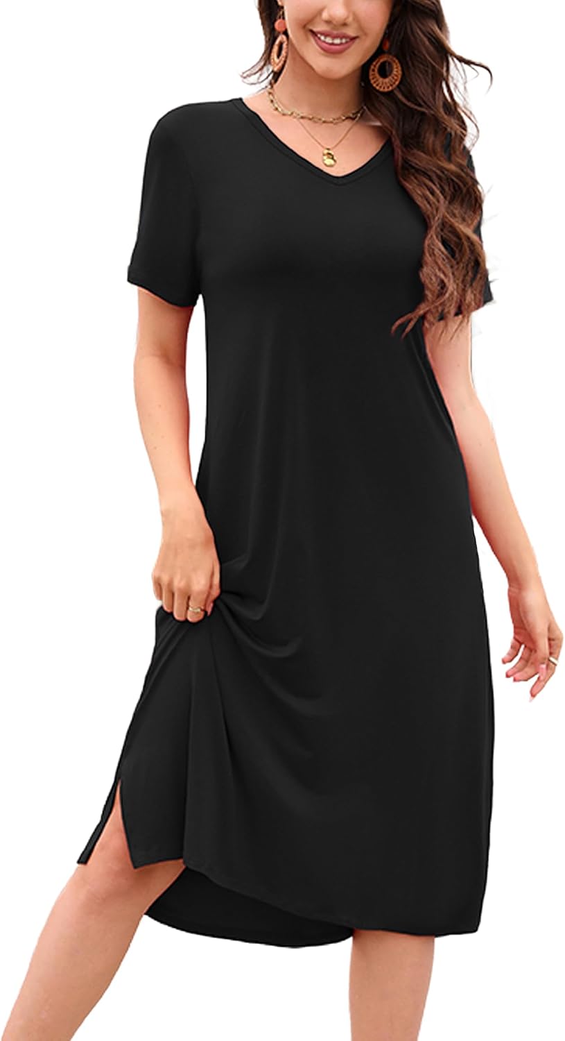 VOBCTY Women Summer T Shirt Dress Casual Soft V Neck Short Sleeve Sundress | Lightweight,Comfortable,Flattering,Knee Length,Beach Vacation,Daily Wear,Sleepwear