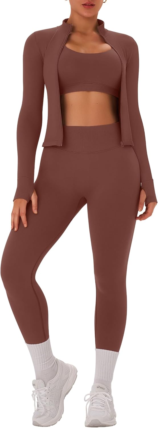 OLCHEE Womens Workout Sets 3 Piece Seamless Long Sleeve Jacket Scrunch Butt Leggings Racerback Sports Bra Yoga Gym Outfits