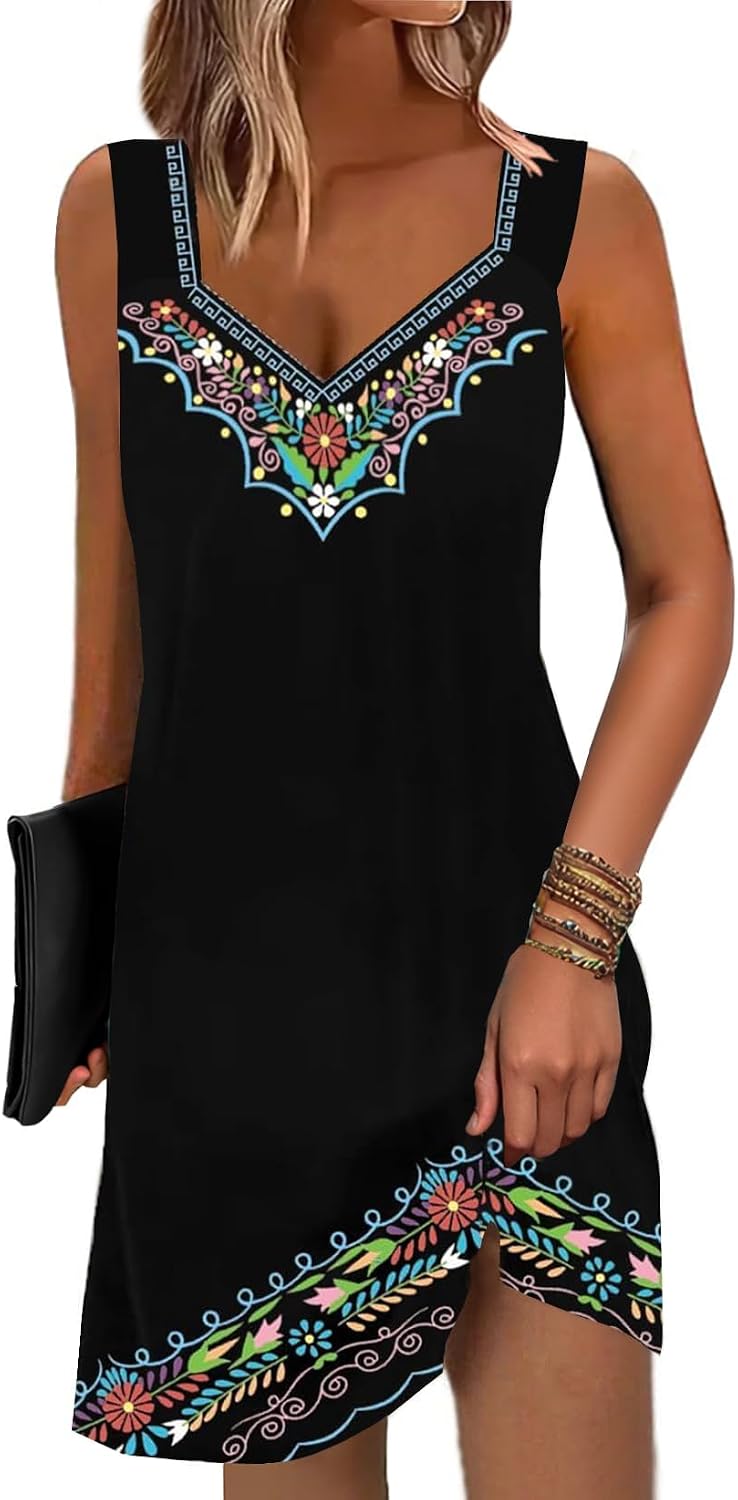 SAUKOLE Summer Dresses for Women Casual Sleeveless Tank Dress Fashion V Neck Flowy Short Sundress