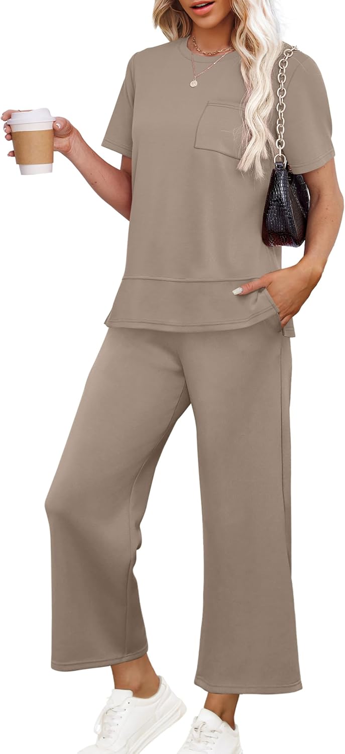 OFEEFAN Women’s Lounge Sets Fashion Outfits Wide Leg Loungewear Side Slit Tracksuit for Vacation Travel Airport S-3XL