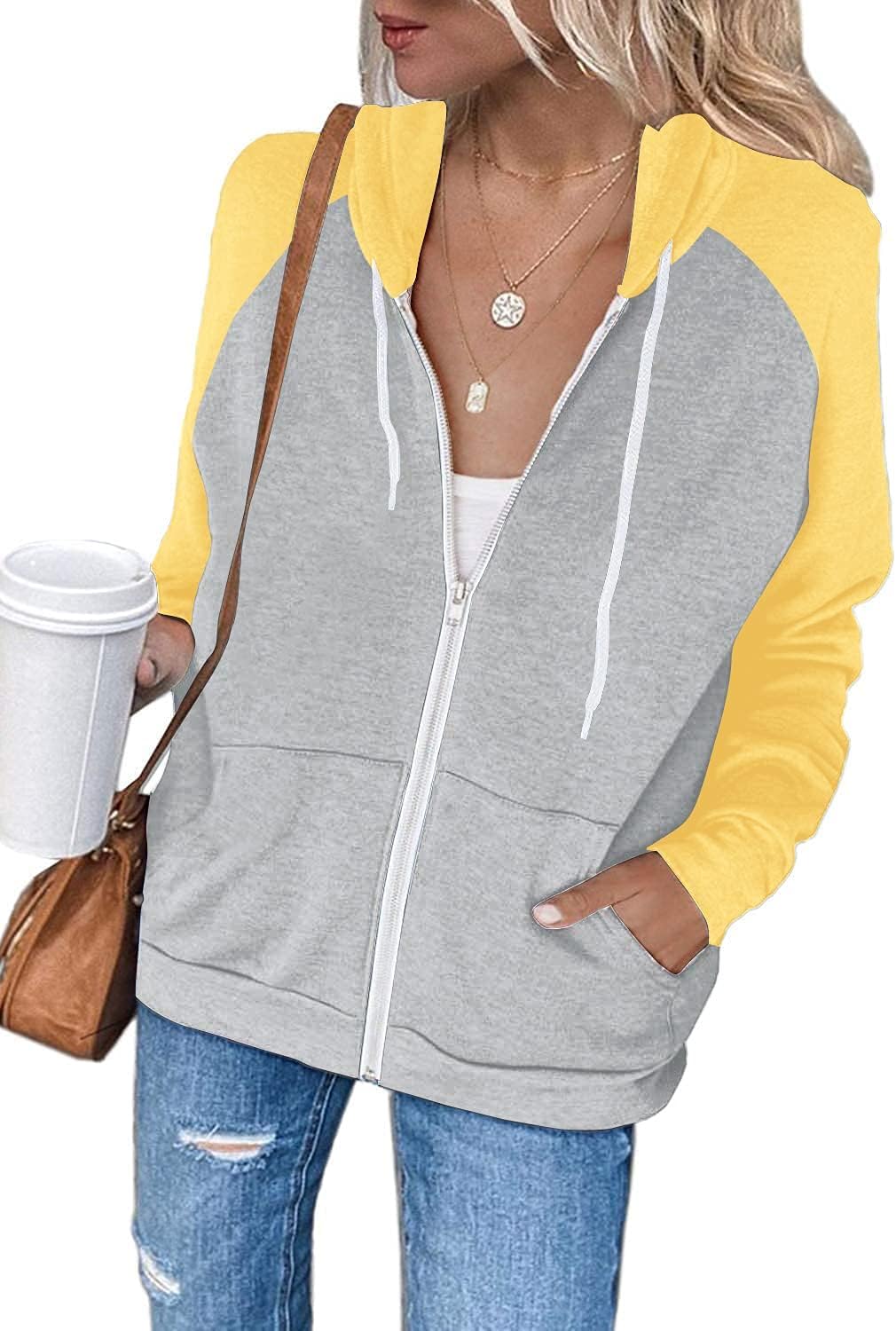 INFITTY Women’s Casual Color Block Long Sleeve Zip Up Hooded Sweatshirt Lightweight Hoodies Jacket with Pocket