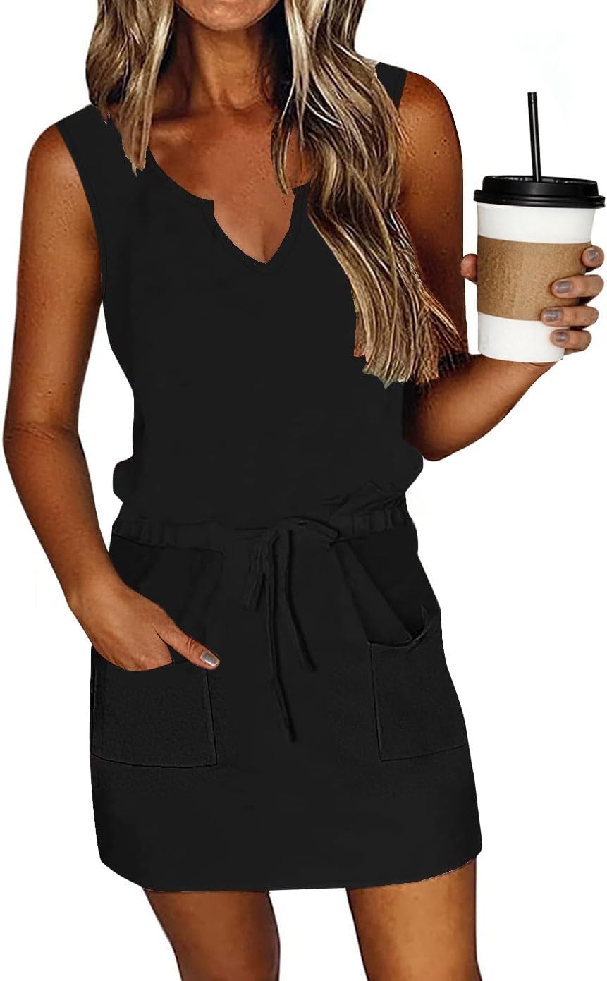 SAUKOLE Womens Sleeveless T Shirt Dresses Casual Cute Floral Print Short Dress Summer Fashion Front Pockets