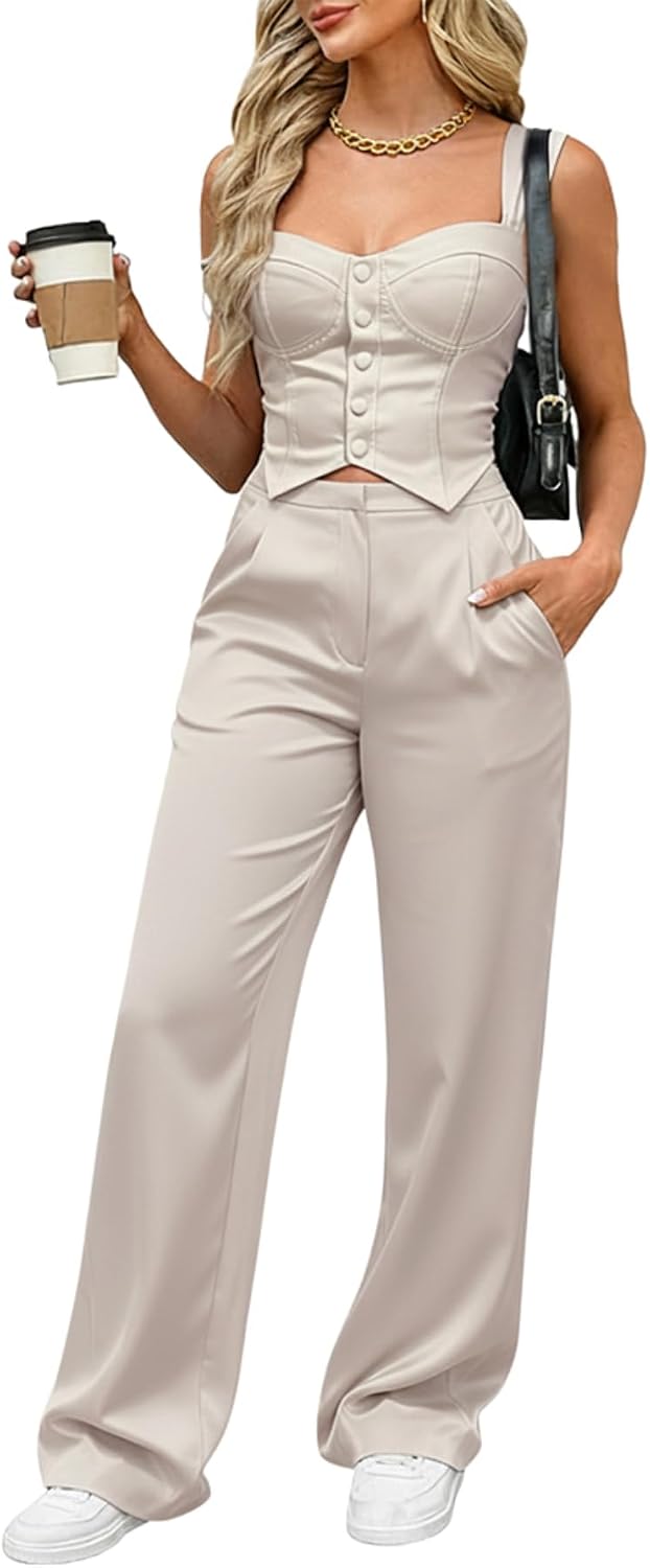 CHICME Women’s 2 Piece Outfit Thick Strap Button Front Tank Top with Wide Leg Pants Casual Outfit Sets