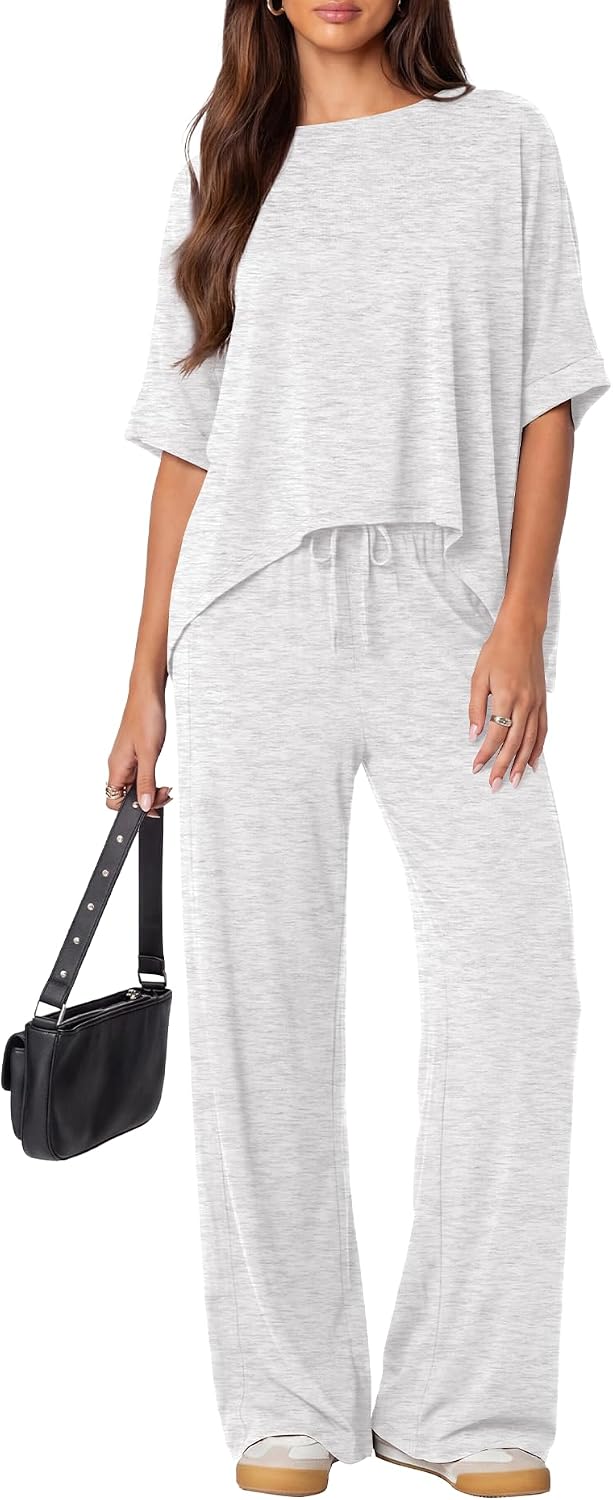 Darong Women’s 2 Piece Lounge Matching Sets for Summer | Drop shoulder top, Drawstring pants, Crew neck, Short sleeve tunic top, Oversize Tshirt, Loose fit, Loungewear