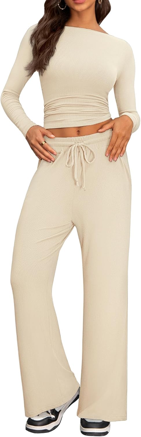 Cozy 2 Piece Lounge Sets for Women, Side Ruched Long Sleeve Top & Wide Leg Pants Casual Matching Tracksuit for Home & Travel