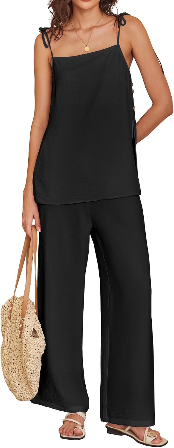 ANRABESS Womens 2 Piece Summer Sets, Casual Sleeveless Top and Wide Leg Pants Set, Loose Loungewear, Vacation Travel Outfits