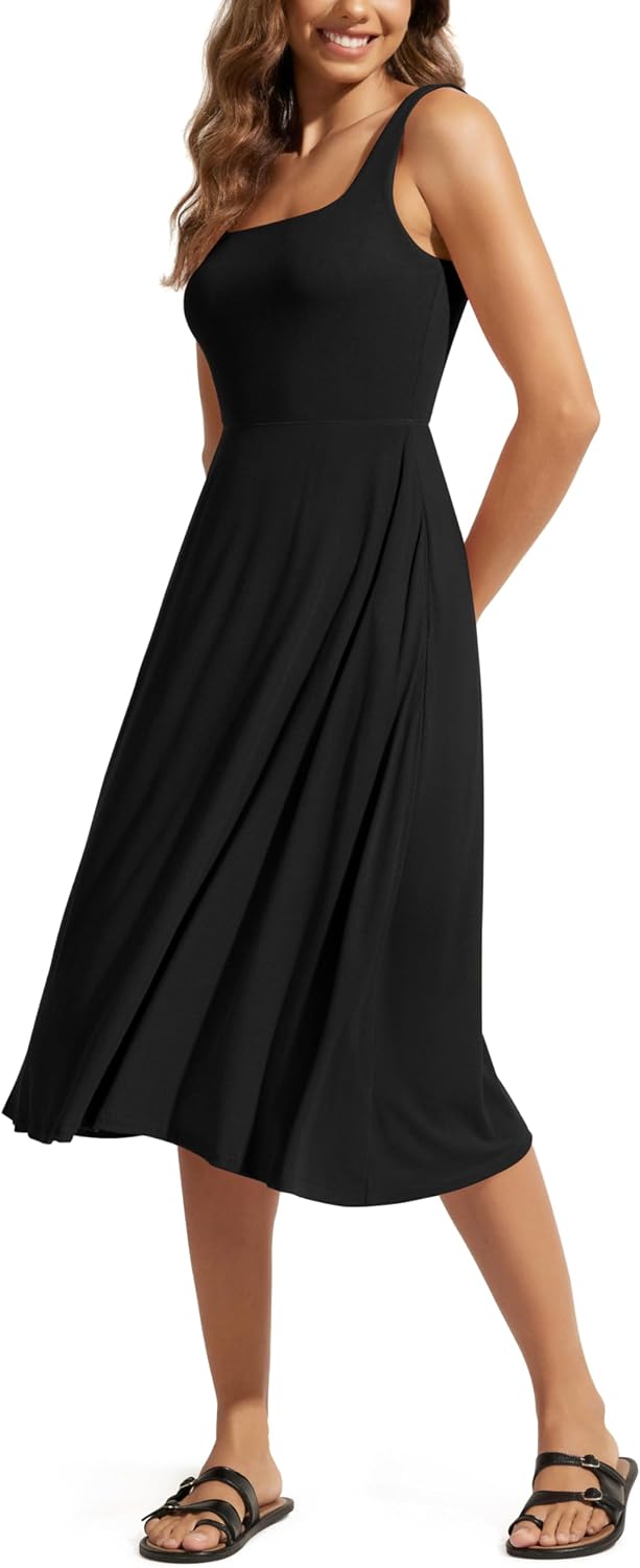 ODODOS Square Neck Midi Dress with Pockets for Women Summer Casual Sleeveless Sundress Flare Tank Dress