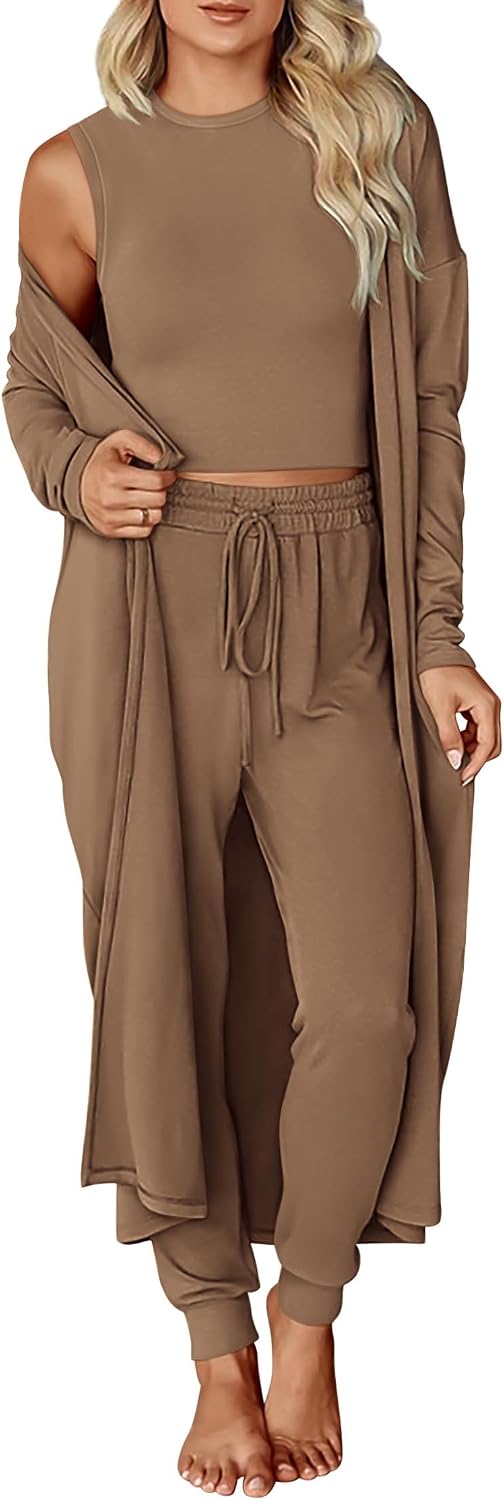 KIRUNDO 3 Piece Lounge Sets for Women Airport Travel Vacation Outfits 2026 Fall Cardigan Matching Sleeveless Top Jogger Pants