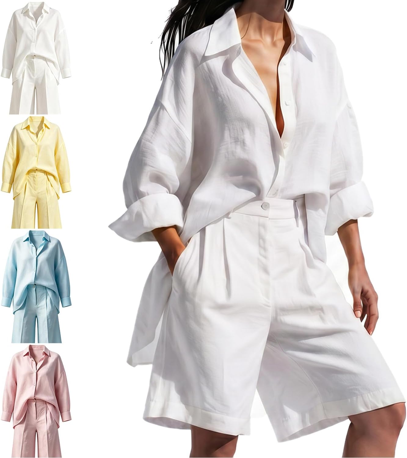 PUSKIU Linen Sets for Women 2 Piece Summer Vacation Outfits Button Down Shirt and Shorts Matching Beach Set
