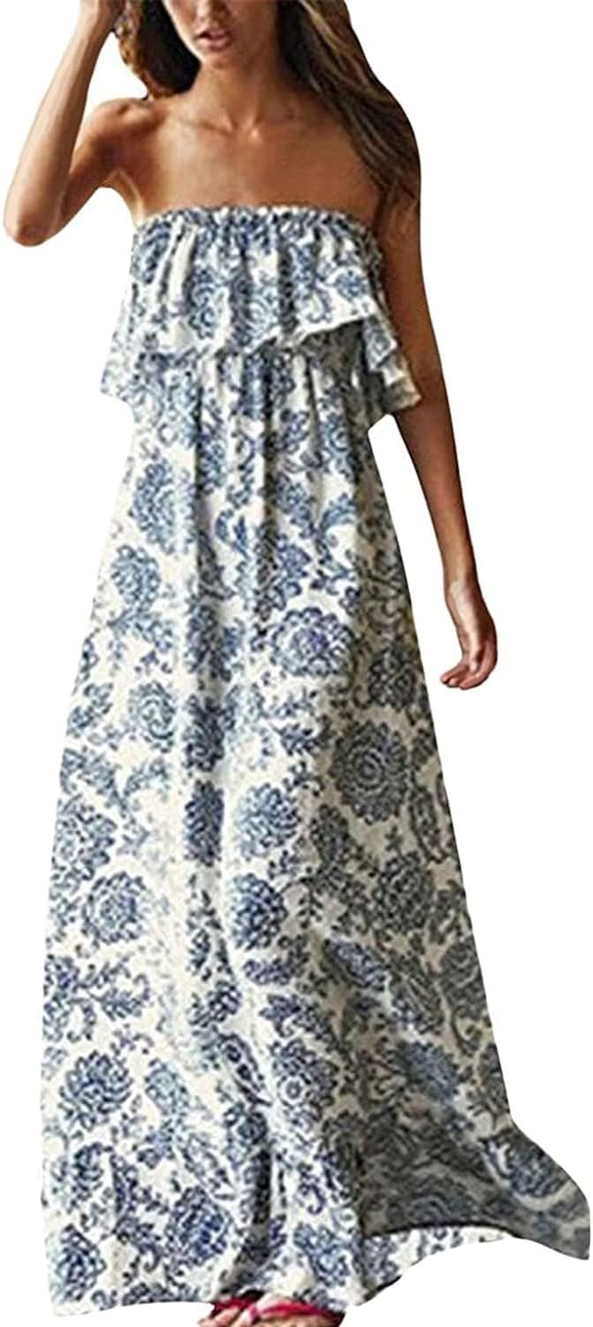 ZMPSIISA Women’s Summer Off The Shoulder Maxi Dress Ruffle Strapless Blue White Porcelain Boho Casual Loose Long Dresses