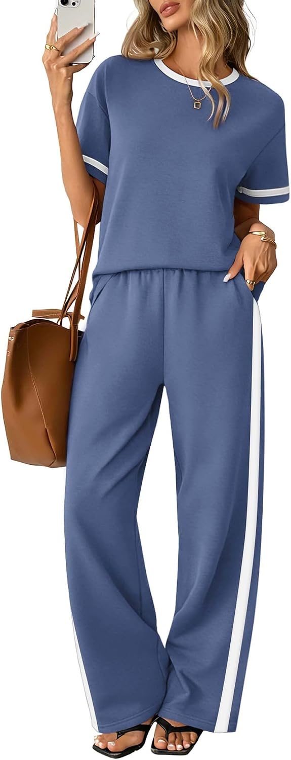 Sampeel 2 Piece Sets for Women Matching Sets Summer Outfits Resort Wear Short Sleeve Lounge Set Wide Leg Pants with Pockets