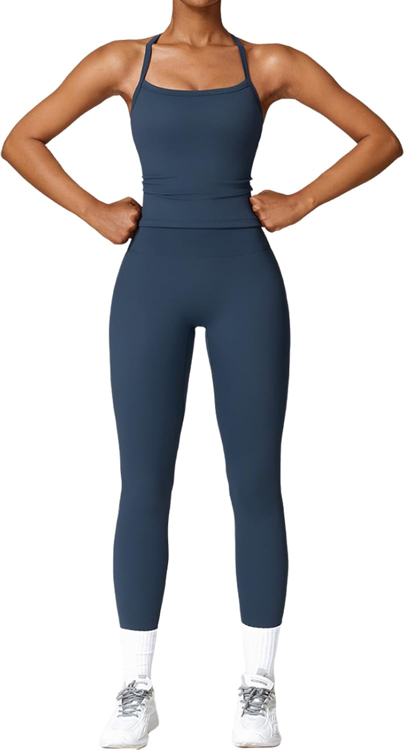 QBGJTD Womens Workout Sets Two Piece Cross Back Tank Top Matching High Waist Leggings Sets Gym Outfits Work Out Clothes