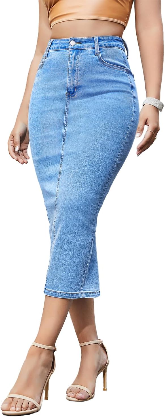 Women’s Long Jean Skirts Stretch Denim Midi Skirts with Back Slit Bodycon Mid Waisted A Line Dress with Pockets