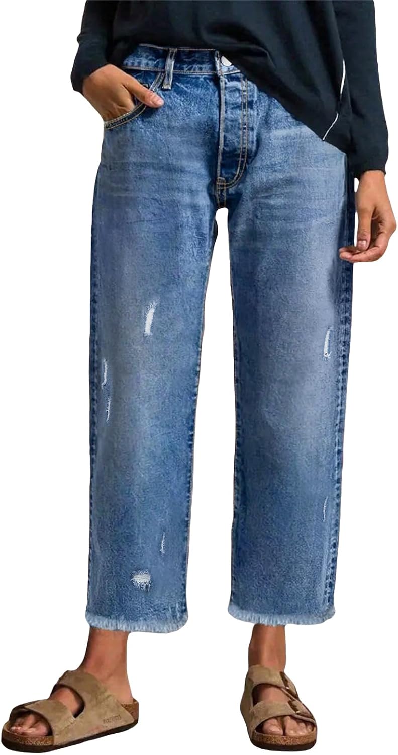 EVALESS Wide Leg Jeans for Women Stretchy Distressed Washed Straight Leg Loose Frayed Raw Hem Denim Ankle Pants with Pockets