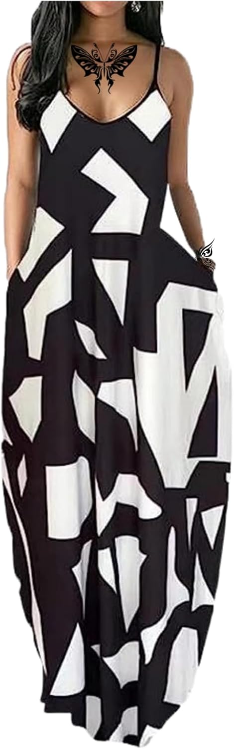 Women’s Summer Maxi Dress Long Dress Casual Boho Sleeveless Strap Smocked Tiered Long Beach Sun Dresses