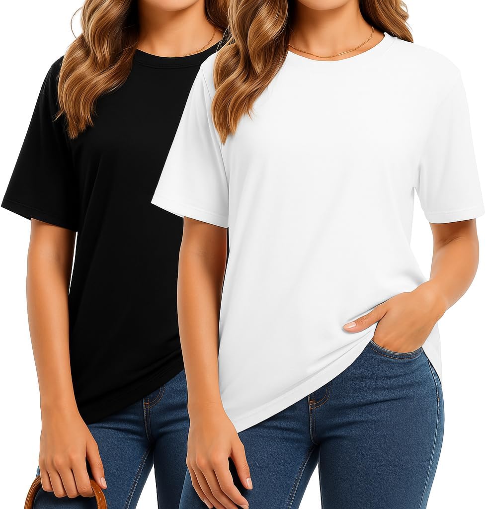 Non-Transparent Premium Combed Cotton T-Shirts for Women, 2-Pack High-Density Compact-Spun Knit Crewneck Loose Fit Tops