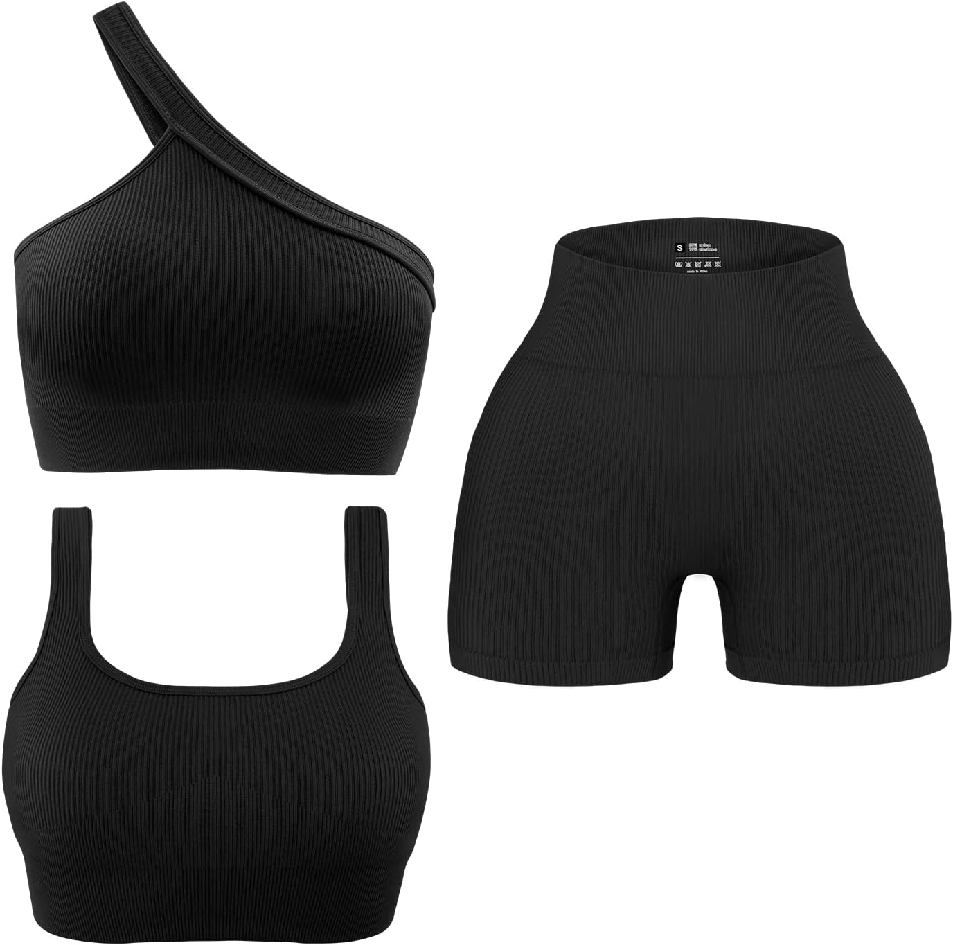 OLCHEE Womens 3 Piece Workout Sets – Seamless Ribbed Yoga Outfits Sports Bra One Shoulder Top Biker Shorts Gym Athletic Cloth