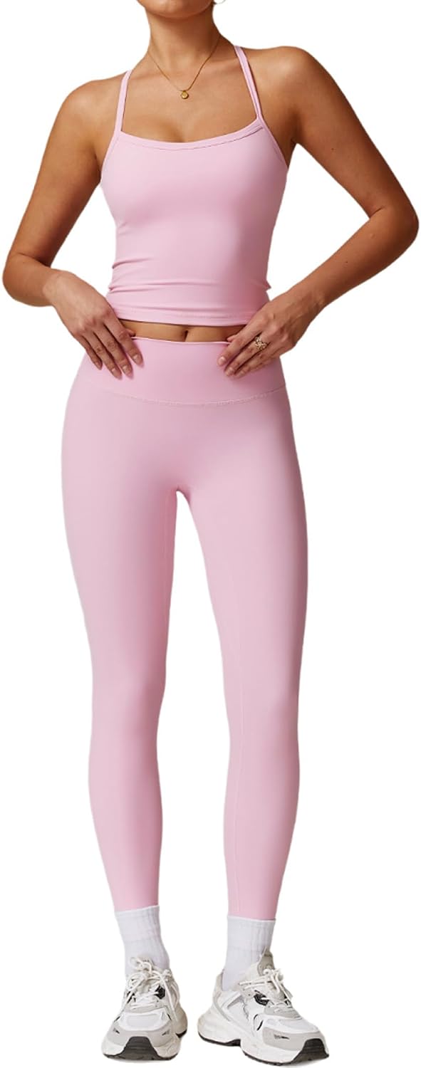 QBGJTD Womens Workout Sets Two Piece Cross Back Tank Top Matching High Waist Leggings Sets Gym Outfits Work Out Clothes