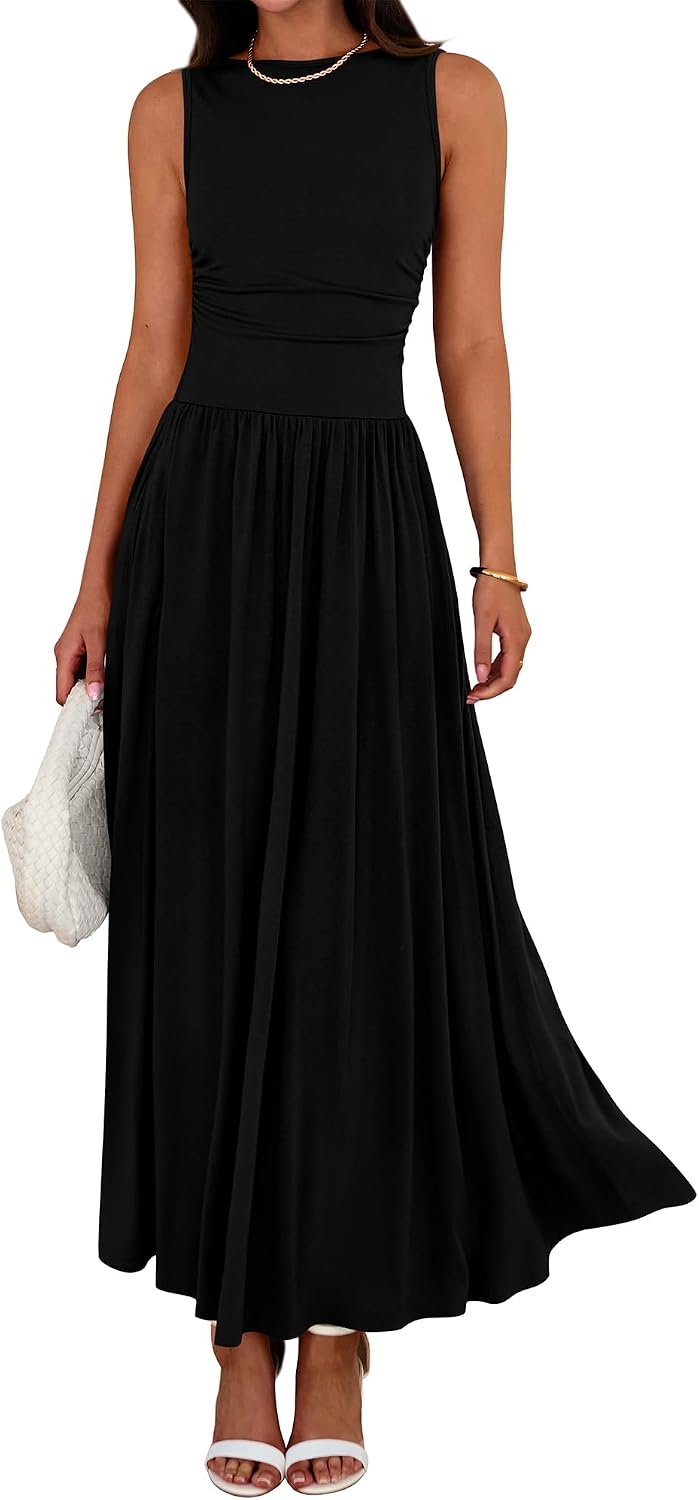 BTFBM Summer Maxi Dresses for Women 2026 Spring Sleeveless Casual Ruched High Waisted Long Sundress Flowy Beach Dress