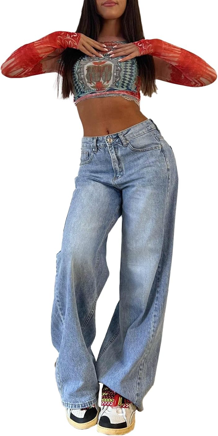 EMMIOL Wide Leg Jeans for Women, Mid Rise Baggy Jeans Plus Size Boyfriends Denim Pants, Y2K Vintage Style