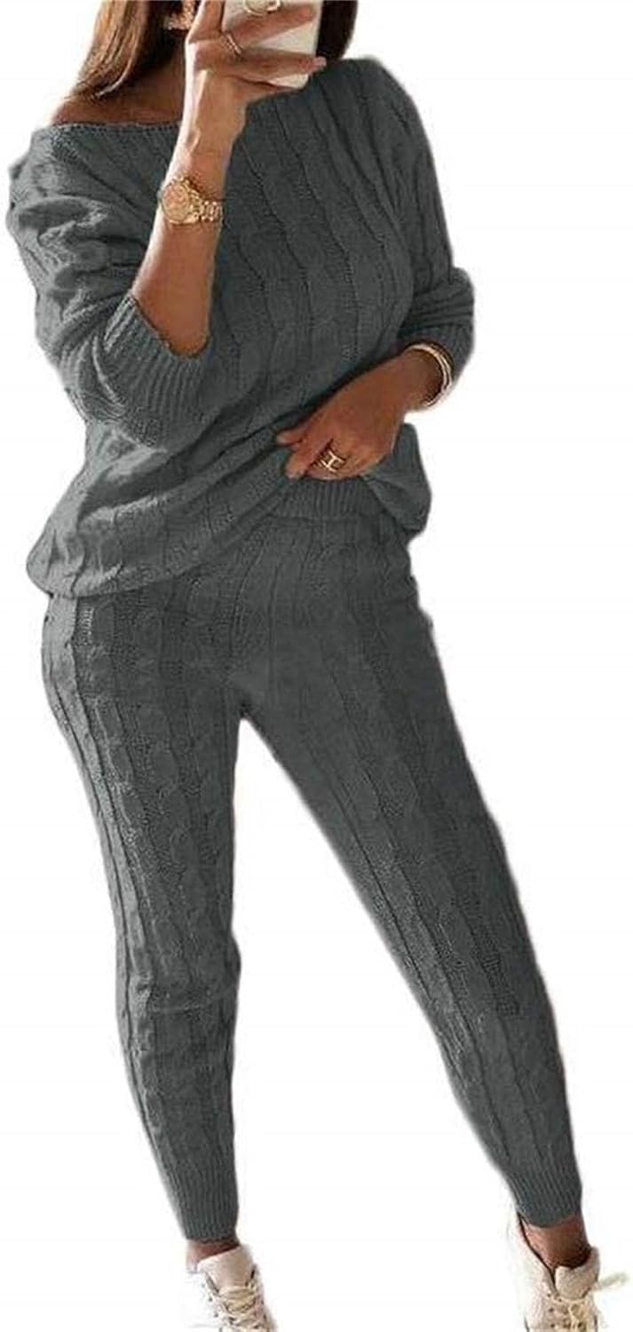 Lucuna Women’s 2025 Fall Sweater Set 2 Piece Outfits Cable Knit Chunky Crew Neck Pullover Top Pants Loungewear
