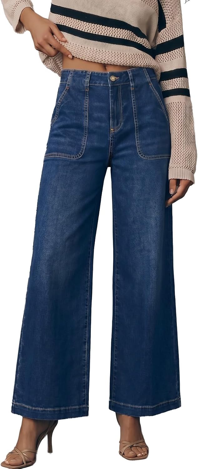Sidefeel Womens Wide Leg Jeans High Waisted Stretchy Straight Leg Baggy Denim Pants with Pockets