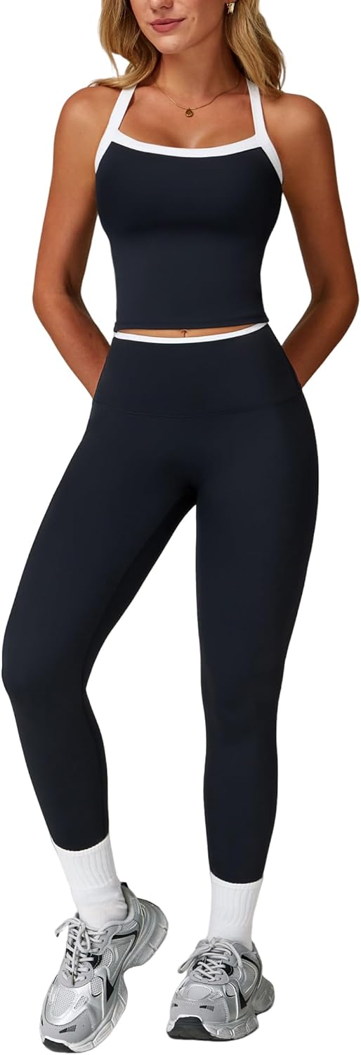 QBGJTD Womens Workout Sets Two Piece Cross Back Tank Top Matching High Waist Leggings Sets Gym Outfits Work Out Clothes
