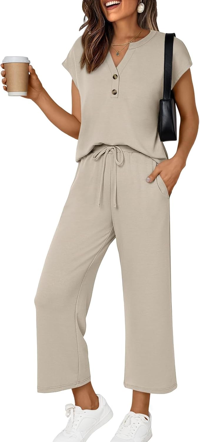 2026 Women Two Piece Lounge Sets Cute Cap Sleeve V-neck Top Wide Leg Pants Comfy Matching Vacation Outfits