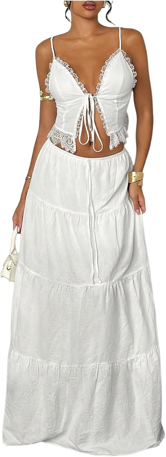 Floerns Women’s 2 Piece Outfit Lace Trim Tie Front Camisole Top Tiered Maxi Skirts Set