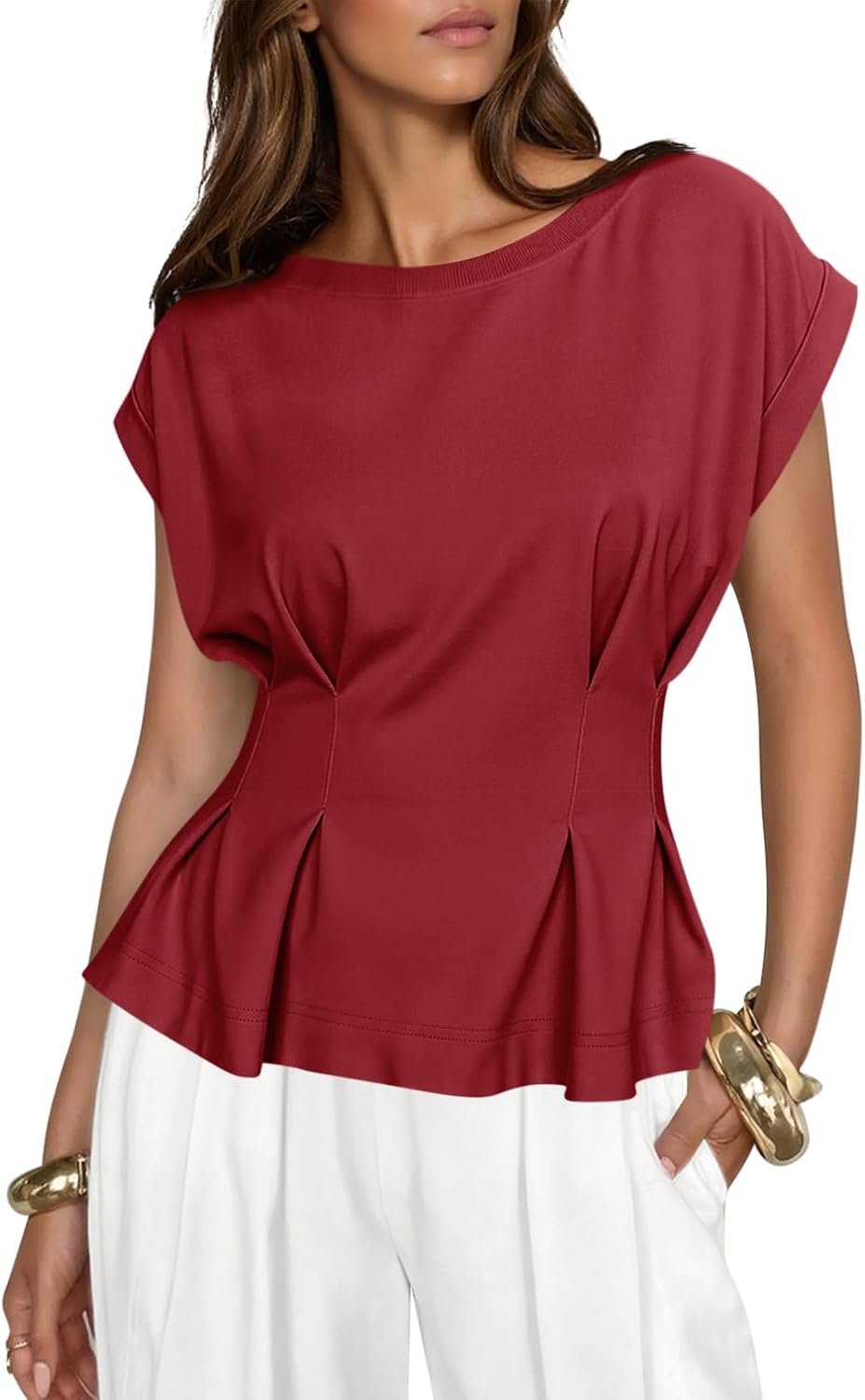 Cicy Bell Womens Peplum Tops Summer Babydoll T-Shirts Dressy Casual Blouse | Crew Neck,Cap Sleeve,Pleated,Business Casual,Work Office Tees,Trendy Fashion,Elegant Ladies Solid Shirts,Formal Outfits