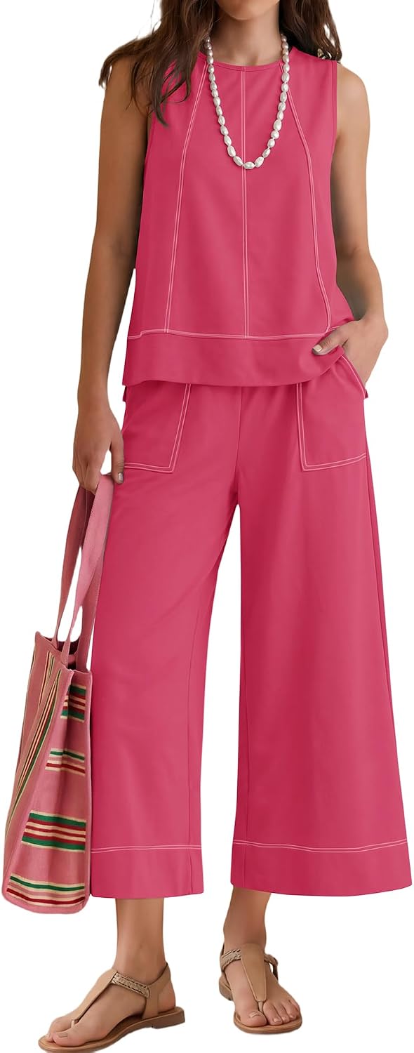 LOMON Two Piece Sets for Women Summer Outfits Sleeveless Tank Tops Wide Leg Crop Pants Matching Lounge Vacation Travel