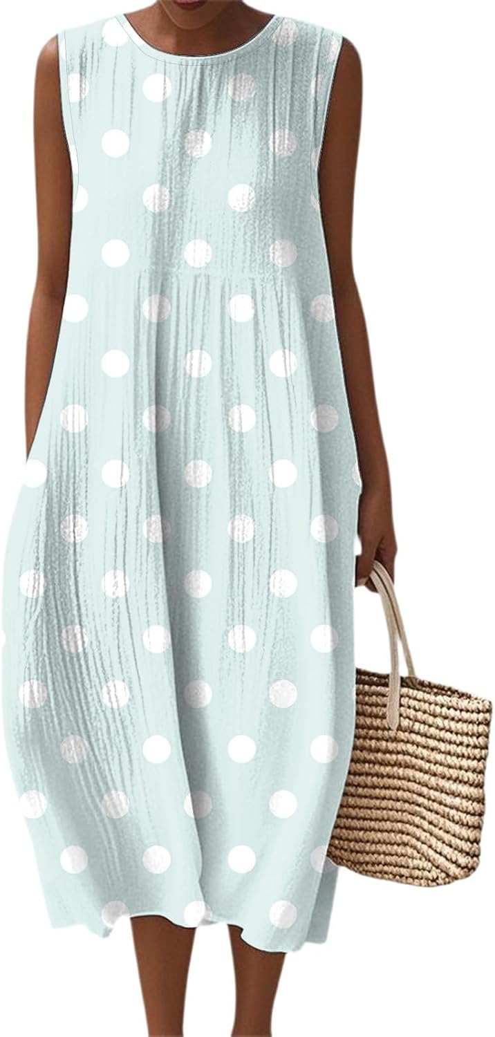 Summer Fall Sleeveless Midi Dresses Womens Casual Trendy Off the Shoulder Elegant Floral Flowy Sundress with Pocket