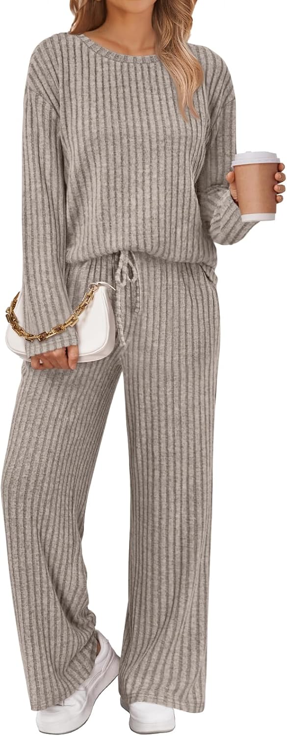 LILLUSORY Womens Lounge Sets 2 Piece Matching Pajamas Fall Fashion 2026 Ribbed Knit Outfits Long Sleeve Casual Sweatsuits
