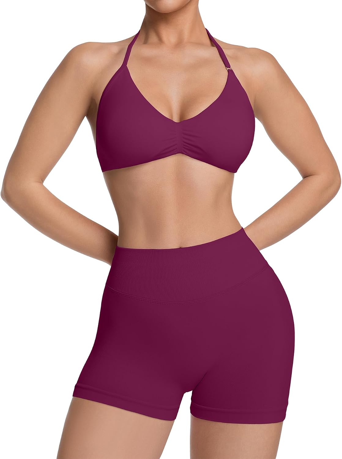 Comper 2 Piece Workout Sets for Women Halter Strappy Sports Bra with Seamless Ribbed Gym Yoga shorts Outfits