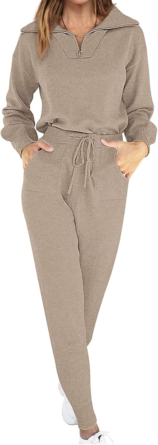 ANRABESS Women’s Two Piece Outfits Sweater Lounge Sets Long Sleeve Zip Up Knit Pullover Jogger Pants Tracksuit Travel Outfits
