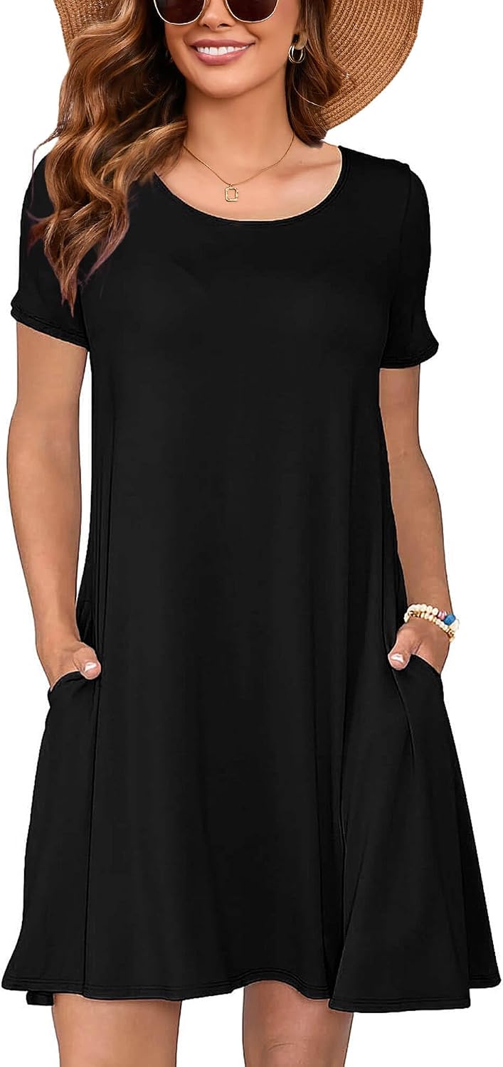 Heymoments Women’s Short Sleeve Crewneck Sundress Summer Casual A-Line Beach Dress with Pockets S-2XL