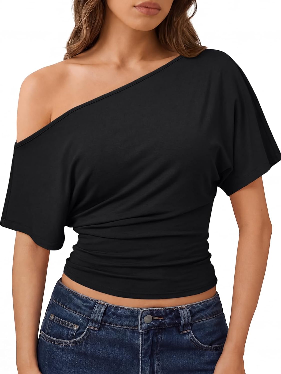 Trendy Queen Off the Shoulder Tops for Women 2026 Summer Cinched Waist Short Sleeve Tops Casual Cute Y2k T Shirts