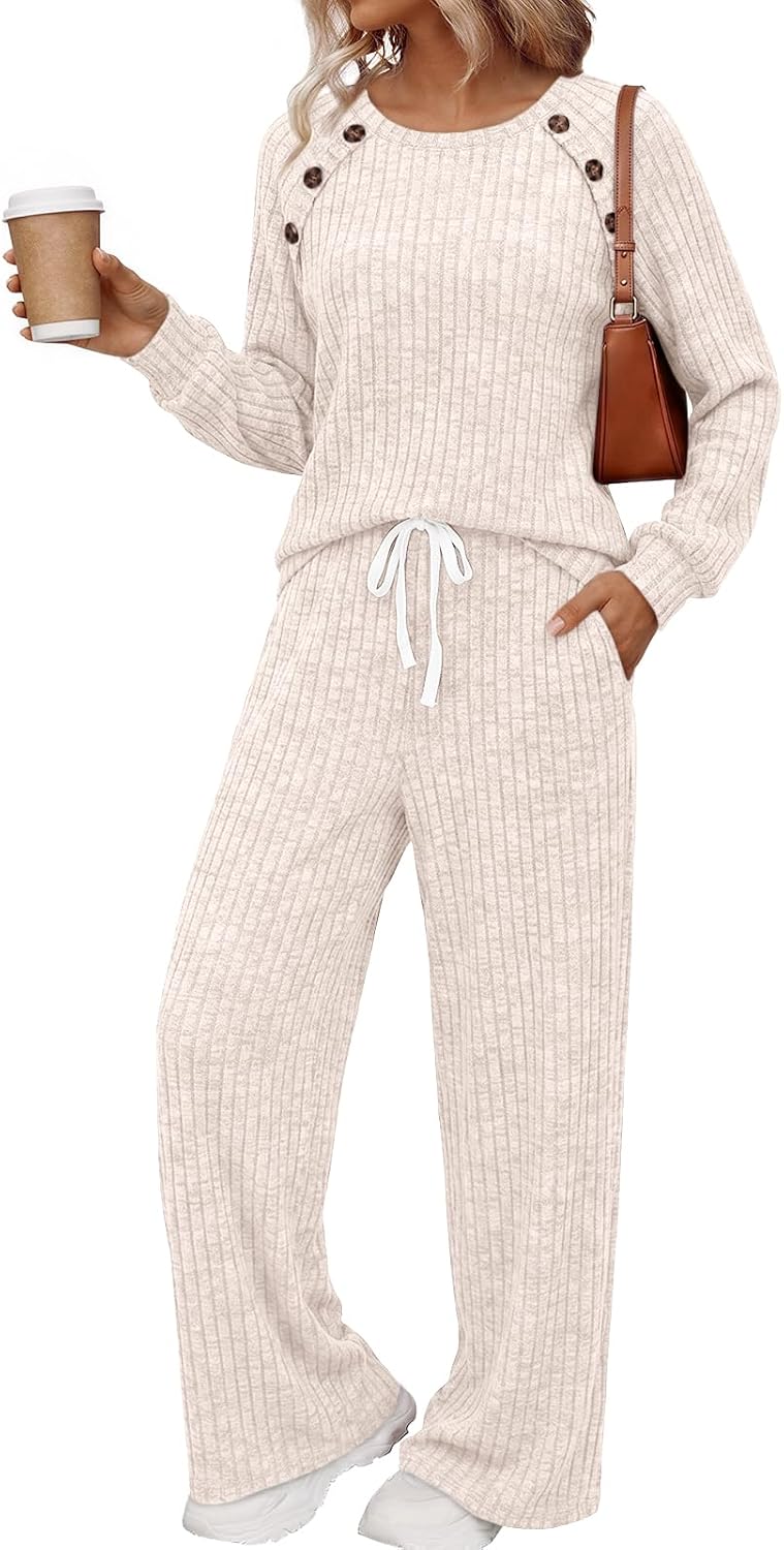 Trendy Queen Women’s 2 Piece Lounge Sets 2026 Fall Casual Matching Outfits | Shoulder Button Decorative Design, Long Sleeve Shirt & Wide Leg Pant, Comfort Material, Travel Airport Vacation Sweater Suit